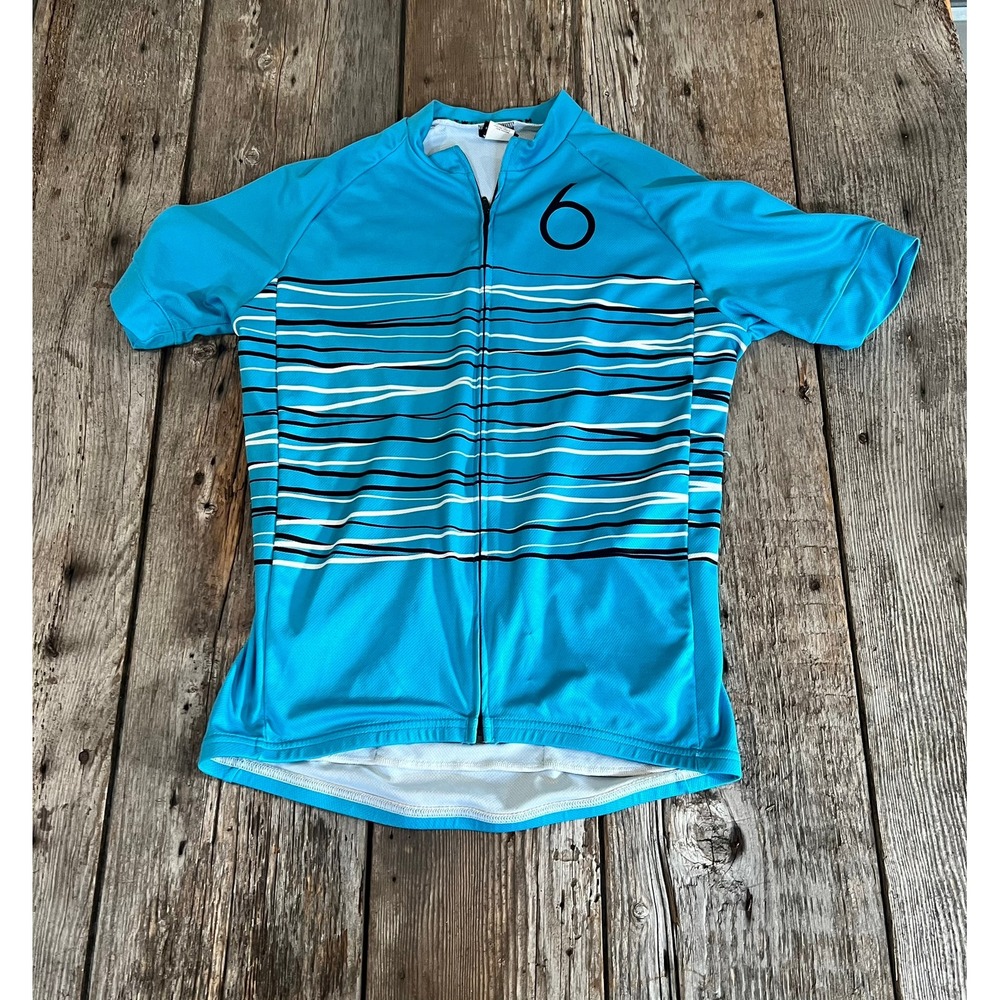 Twin Six Cyan Blue Striped Cycling Jersey Mens Medium Full Zip Made in USA